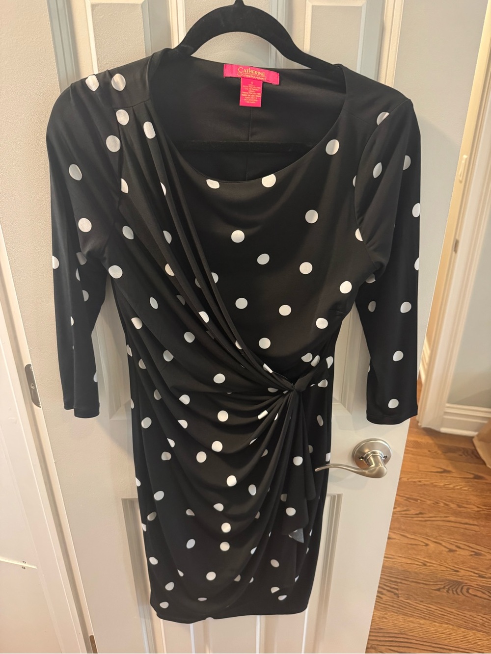 Catherines Black & White Polka Dot Twist-Waist Midi Dress